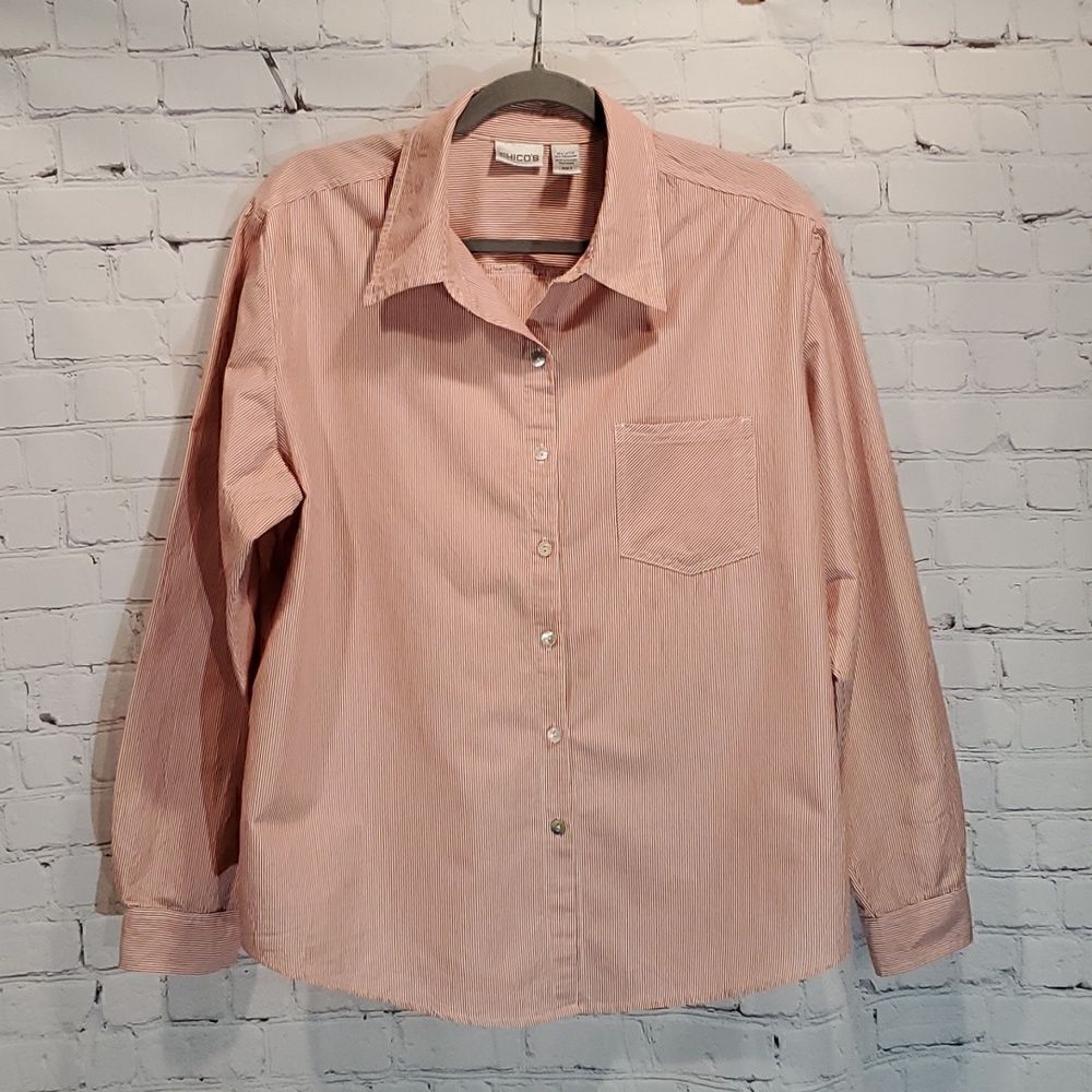 Chico's orange and white striped button front shirt